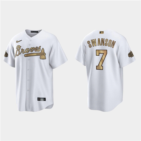 Men's Atlanta Braves #7 Dansby Swanson 2022 All-Star White Cool Base Stitched Baseball Jersey