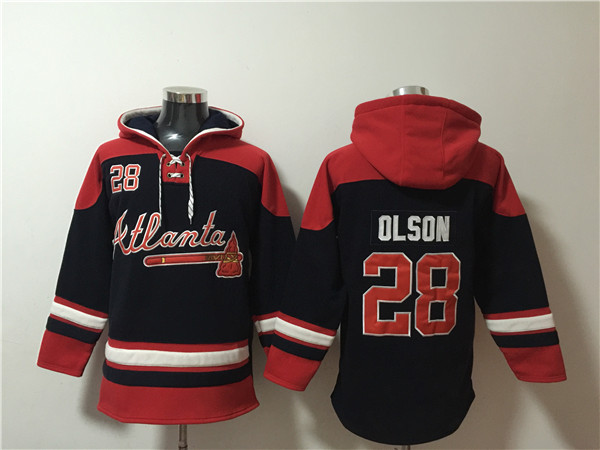 Men's Atlanta Braves #28 Matt Olson Navy/Red Ageless Must-Have Lace-Up Pullover Hoodie Men's Atlanta Braves #28 Matt Olson Navy/Red Ageless Must-Have Lace-Up Pullover Hoodie