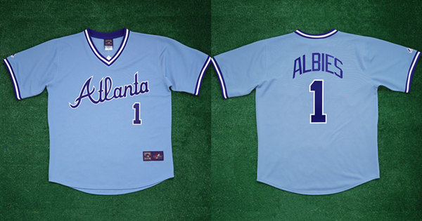 Men's Atlanta Braves #1 Ozzie Albies 1982 Light Blue Cool Base Stitched Baseball Jersey Men's Atlanta Braves #1 Ozzie Albies 1982 Light Blue Cool Base Stitched Baseball Jersey