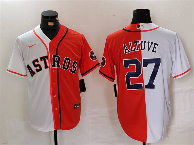 Men's Houston Astros #27 Jose Altuve White/Orange Split With Patch Cool Base Stitched Baseball Jersey Men's Houston Astros #27 Jose Altuve White/Orange Split With Patch Cool Base Stitched Baseball Jersey