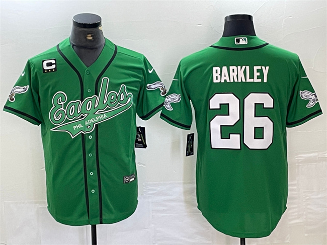 Men's Philadelphia Eagles #26 Saquon Barkley Green With 3-star C Patch Cool Base Stitched Baseball Jersey Men's Philadelphia Eagles #26 Saquon Barkley Green With 3-star C Patch Cool Base Stitched Baseball Jersey