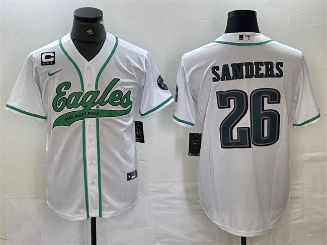 Men's Philadelphia Eagles #26 Saquon Barkley White With 3-star C Patch Cool Base Stitched Baseball Jersey Men's Philadelphia Eagles #26 Saquon Barkley White With 3-star C Patch Cool Base Stitched Baseball Jersey
