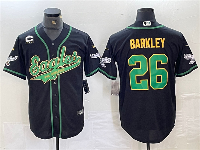 Men's Philadelphia Eagles #26 Saquon Barkley Black/Gold With 3-star C Patch Cool Base Stitched Baseball Jersey Men's Philadelphia Eagles #26 Saquon Barkley Black/Gold With 3-star C Patch Cool Base Stitched Baseball Jersey