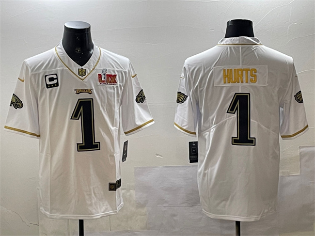 Men's Philadelphia Eagles #1 Jalen Hurts White/Gold 2025 Super Bowl LIX Patch And 3-star C Patch Salute To Service Vapor Untouchable Limited Stitched Football Jersey Men's Philadelphia Eagles #1 Jalen Hurts White/Gold 2025 Super Bowl LIX Patch And 3-star C Patch Salute To Service Vapor Untouchable Limited Stitched Football Jersey