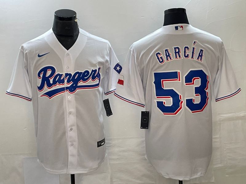 Men's Texas Rangers #53 Adolis Garcia White Cool Base Stitched Baseball Jersey Men's Texas Rangers #53 Adolis Garcia White Cool Base Stitched Baseball Jersey