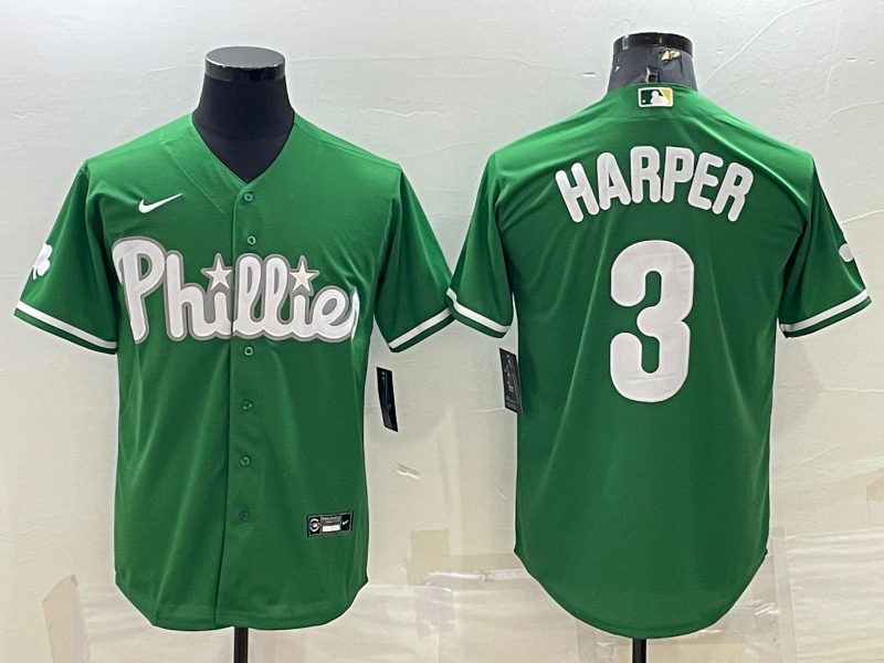 Men's Philadelphia Phillies #3 Bryce Harper Green Cool Base Stitched Baseball Jersey Men's Philadelphia Phillies #3 Bryce Harper Green Cool Base Stitched Baseball Jersey