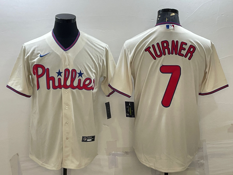 Men's Philadelphia Phillies #7 Trea Turner Cream Cool Base Stitched Baseball Jersey Men's Philadelphia Phillies #7 Trea Turner Cream Cool Base Stitched Baseball Jersey