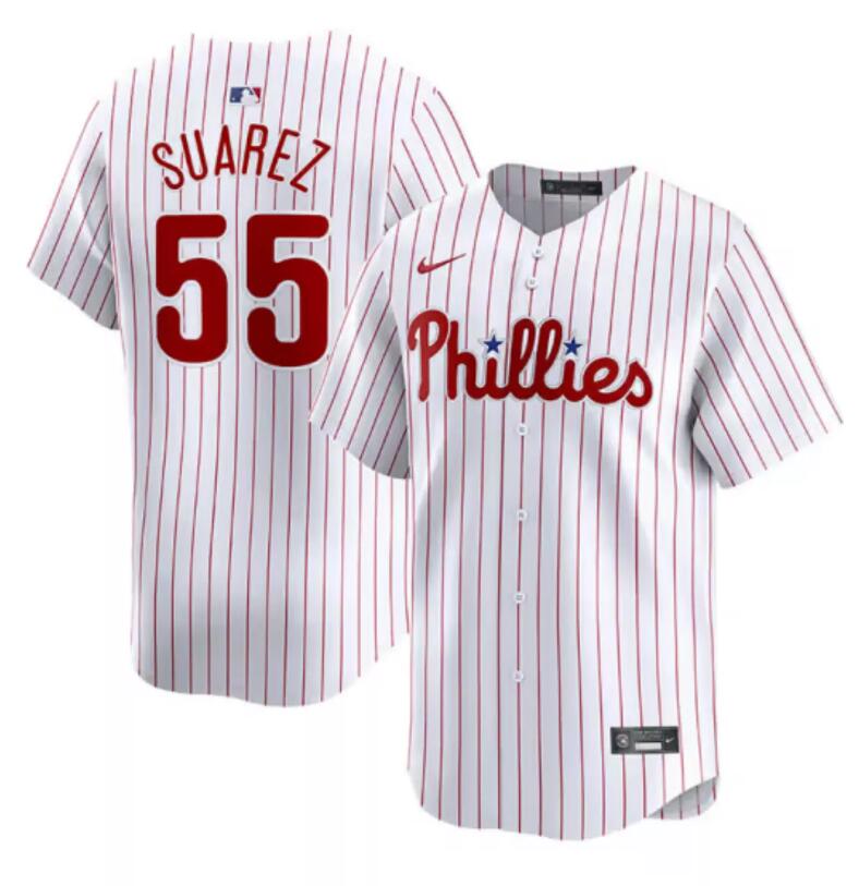 Men's Philadelphia Phillies #55 Ranger Suárez White Home Limited Stitched Jersey Men's Philadelphia Phillies #55 Ranger Suárez White Home Limited Stitched Jersey