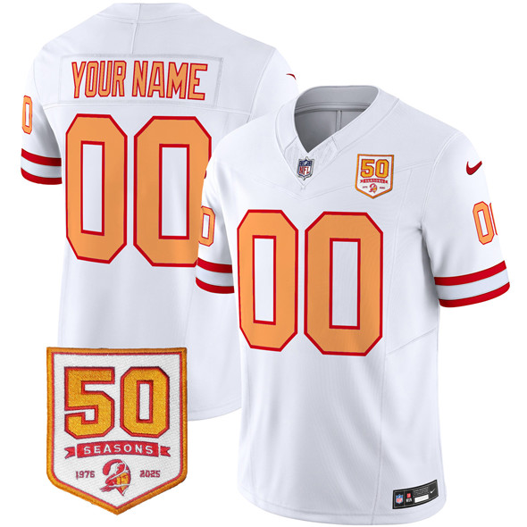 Men's Tampa Bay Buccaneers Active Player Custom White 2025 F.U.S.E. 50th Season Patch Throwback Vapor Untouchable Limited Stitched Football Jersey