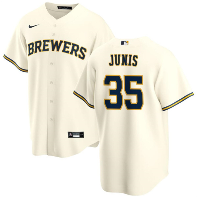 Men's Milwaukee Brewers #35 Jakob Junis Cream Cool Base Stitched Jersey Men's Milwaukee Brewers #35 Jakob Junis Cream Cool Base Stitched Jersey