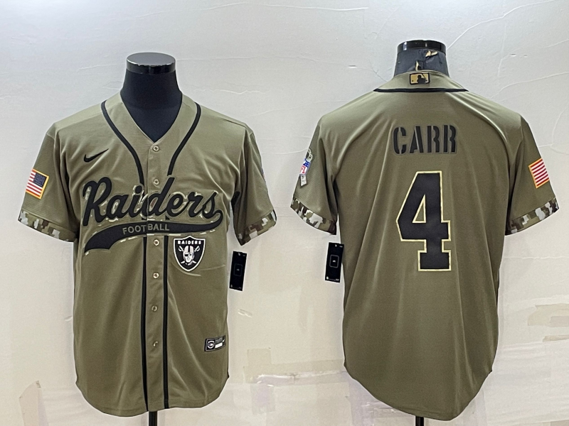 Men's Las Vegas Raiders #4 Derek Carr 2022 Olive Salute to Service Cool Base Stitched Baseball Jersey Men's Las Vegas Raiders #4 Derek Carr 2022 Olive Salute to Service Cool Base Stitched Baseball Jersey