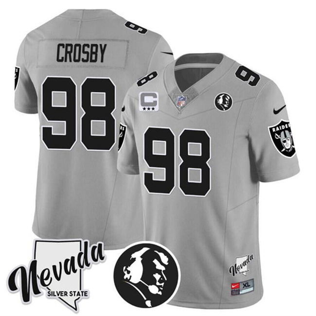 Men's Las Vegas Raiders #98 Maxx Crosby Gray 2025 F.U.S.E. With John Madden Honoring & Nevada Silver State And 3-Star C patch Stitched Football Jersey Men's Las Vegas Raiders #98 Maxx Crosby Gray 2025 F.U.S.E. With John Madden Honoring & Nevada Silver State And 3-Star C patch Stitched Football Jersey