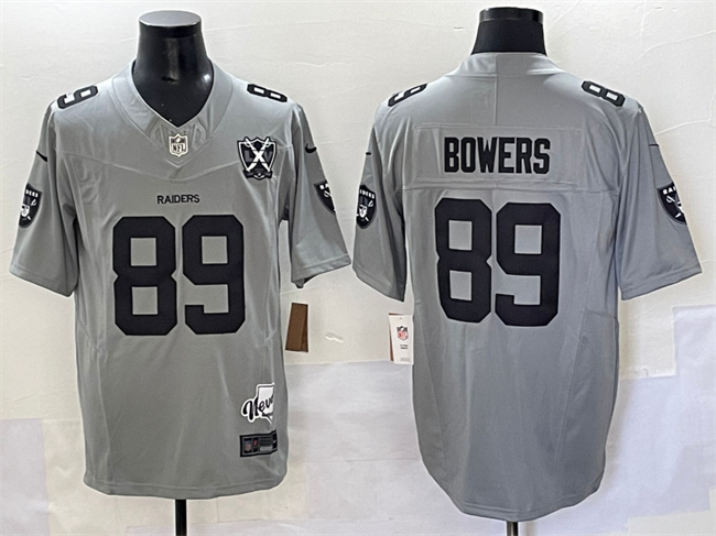 Men's Las Vegas Raiders #89 Brock Bowers Grey 2024 F.U.S.E With Nevada Silver Stat Patch And 65th Anniversary Patch Stitched Football Jersey Men's Las Vegas Raiders #89 Brock Bowers Grey 2024 F.U.S.E With Nevada Silver Stat Patch And 65th Anniversary Patch Stitched Football Jersey