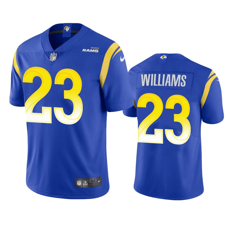 Men's Los Angeles Rams #23 Kyren Williams Royal Vapor Limited Stitched Football Jersey Men's Los Angeles Rams #23 Kyren Williams Royal Vapor Limited Stitched Football Jersey