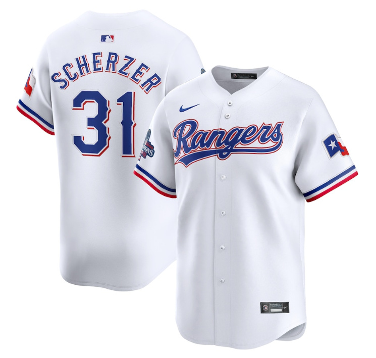 Men's Texas Rangers #31 Max Scherzer White 2023 World Series Champions Stitched Baseball Jersey Men's Texas Rangers #31 Max Scherzer White 2023 World Series Champions Stitched Baseball Jersey