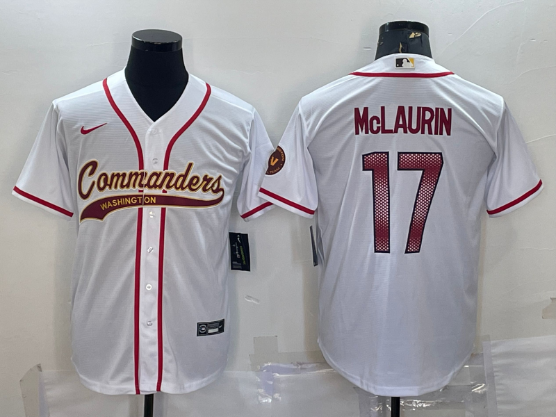 Men's Washington Commanders #17 Terry McLaurin White With Patch Cool Base Stitched Baseball Jersey Men's Washington Commanders #17 Terry McLaurin White With Patch Cool Base Stitched Baseball Jersey