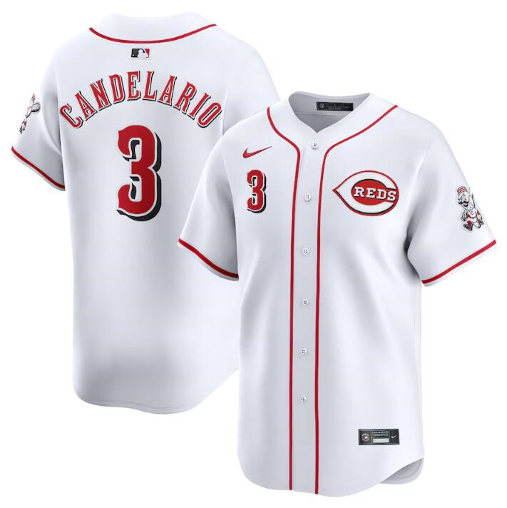 Men's Cincinnati Reds #3 Jeimer Candelario White Home Limited Stitched Baseball Jersey Men's Cincinnati Reds #3 Jeimer Candelario White Home Limited Stitched Baseball Jersey