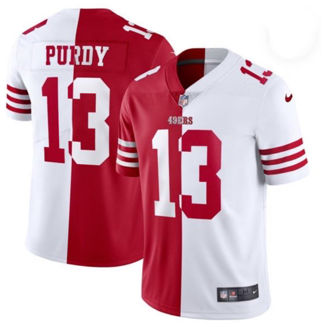 Men's San Francisco 49ers #13 Brock Purdy Red & White Split Limited Stitched Jersey Men's San Francisco 49ers #13 Brock Purdy Red & White Split Limited Stitched Jersey