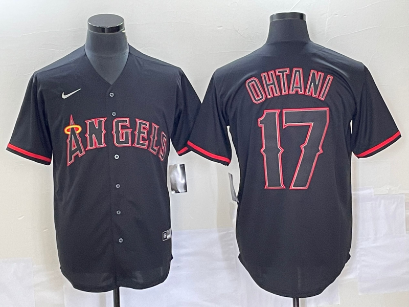 Men's Los Angeles Angels #17 Shohei Ohtani Black Red Cool Base Stitched Jersey Men's Los Angeles Angels #17 Shohei Ohtani Black Red Cool Base Stitched Jersey