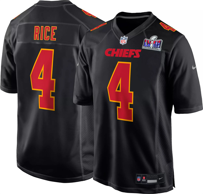 Men's Kansas City Chiefs #4 Rashee Rice Black 2024 Super Bowl LVIII Patch Limited Stitched Game Jersey Men's Kansas City Chiefs #4 Rashee Rice Black 2024 Super Bowl LVIII Patch Limited Stitched Game Jersey