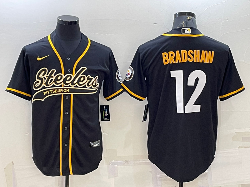 Men's Pittsburgh Steelers #12 Terry Bradshaw Black With Patch Cool Base Stitched Baseball Jersey Men's Pittsburgh Steelers #12 Terry Bradshaw Black With Patch Cool Base Stitched Baseball Jersey