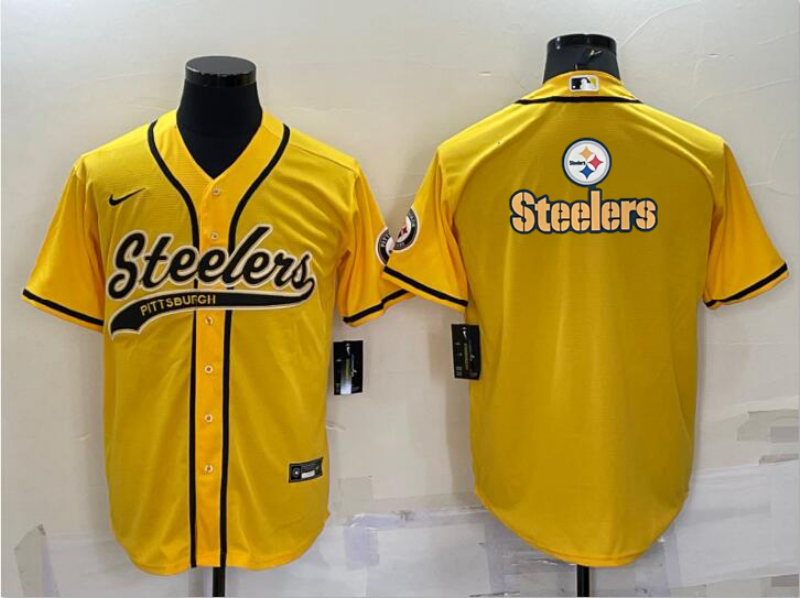 Men's Pittsburgh Steelers Yellow Team Big Logo With Patch Cool Base Stitched Baseball Jersey Men's Pittsburgh Steelers Yellow Team Big Logo With Patch Cool Base Stitched Baseball Jersey
