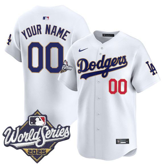 Men's Los Angeles Dodgers ACTIVE PLAYER Custom White 2025 World Series Gold Trim Vapor Premier Limited Stitched Baseball Jersey Men's Los Angeles Dodgers ACTIVE PLAYER Custom White 2025 World Series Gold Trim Vapor Premier Limited Stitched Baseball Jersey