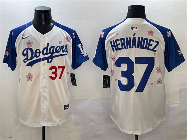 Men's Los Angeles Dodgers #37 Teoscar Hernández White/Royal 2025 Tokyo Series Limited Stitched Baseball Jersey