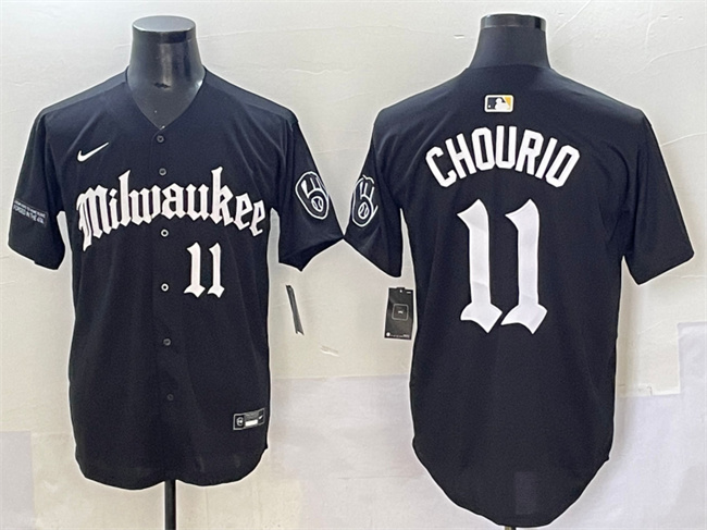Men's Milwaukee Brewers #11 Jackson Chourio Black 'Gothic 414 Shadows Edition' Vapor Premier Limited Stitched Jersey Men's Milwaukee Brewers #11 Jackson Chourio Black 'Gothic 414 Shadows Edition' Vapor Premier Limited Stitched Jersey
