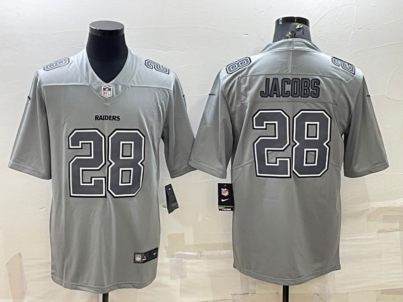 Men's Las Vegas Raiders #28 Josh Jacobs Grey Atmosphere Fashion Stitched Jersey Men's Las Vegas Raiders #28 Josh Jacobs Grey Atmosphere Fashion Stitched Jersey