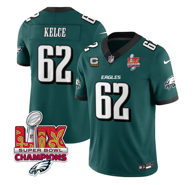 Men's Philadelphia Eagles #62 Jason Kelce Green 2025 Eagles Logo Super Bowl LIX Patch And 4-Star C Patch New F.U.S.E. Vapor Limited Stitched Football Jersey Men's Philadelphia Eagles #62 Jason Kelce Green 2025 Eagles Logo Super Bowl LIX Patch And 4-Star C Patch New F.U.S.E. Vapor Limited Stitched Football Jersey