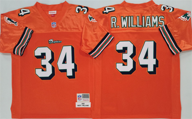 Men's Miami Dolphins #34 Ricky Williams Orange Throwback Stitched Football Jersey Men's Miami Dolphins #34 Ricky Williams Orange Throwback Stitched Football Jersey