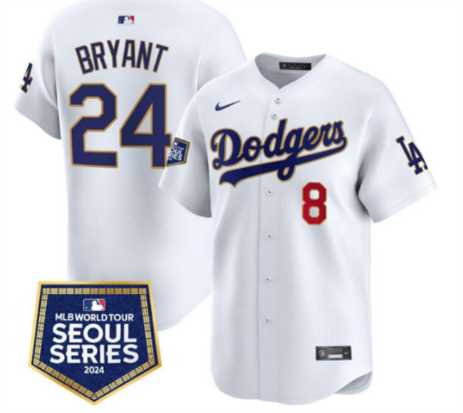 Men's Los Angeles Dodgers Front #8 Back #24 Kobe Bryant White 2024 World Tour Seoul Series Home Limited Stitched Baseball Jersey Men's Los Angeles Dodgers Front #8 Back #24 Kobe Bryant White 2024 World Tour Seoul Series Home Limited Stitched Baseball Jersey