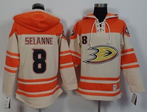Ducks #8 Teemu Selanne Cream/Orange Sawyer Hooded Sweatshirt Stitched NHL Jersey Ducks #8 Teemu Selanne Cream/Orange Sawyer Hooded Sweatshirt Stitched NHL Jersey