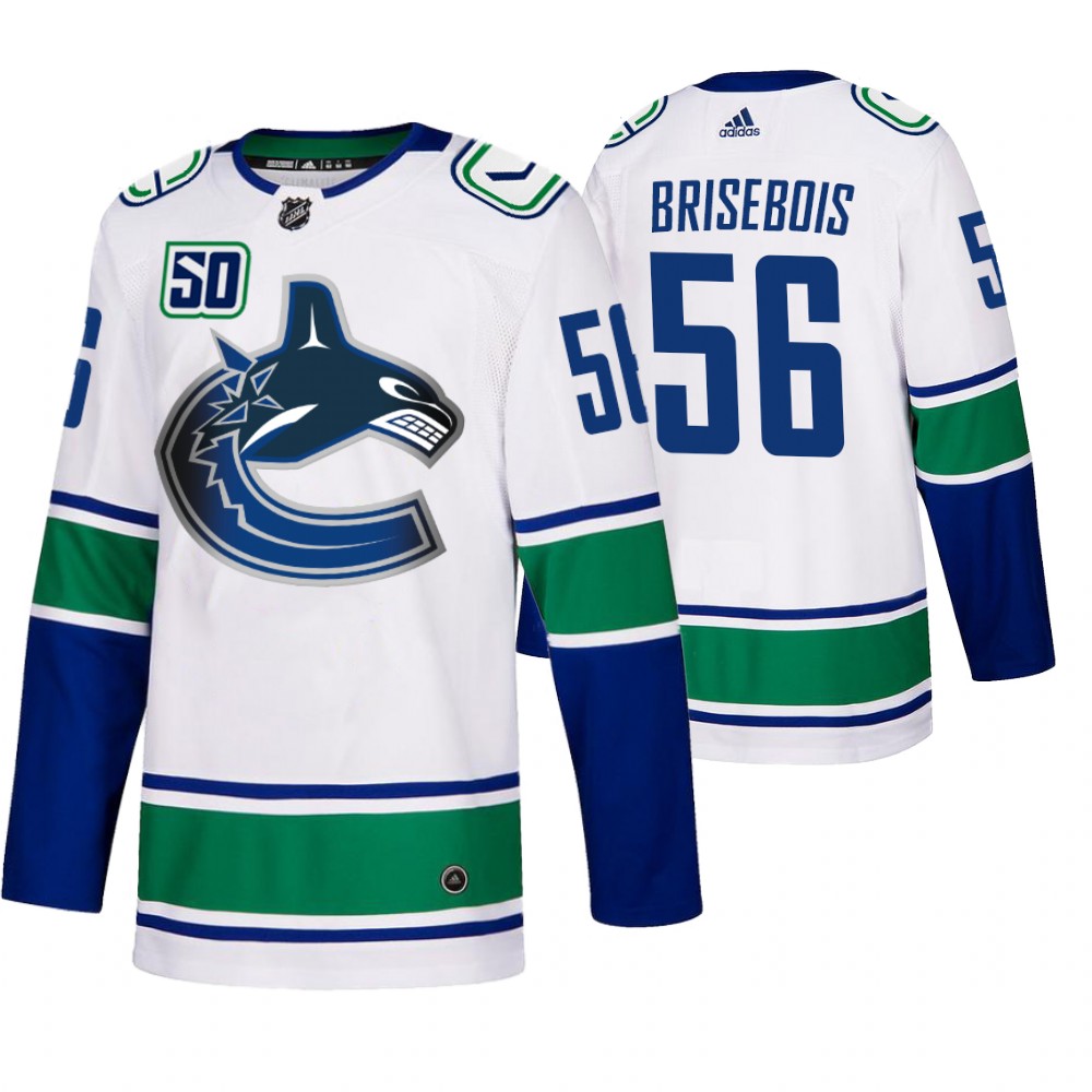 Vancouver Canucks #56 Guillaume Brisebois 50th Anniversary Men's White 2019-20 Away Authentic NHL Jersey Vancouver Canucks #56 Guillaume Brisebois 50th Anniversary Men's White 2019-20 Away Authentic NHL Jersey