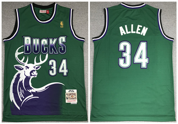 Men's Milwaukee Bucks #34 Ray Allen 1996-1997 Green NBA Throwback Stitched Jersey