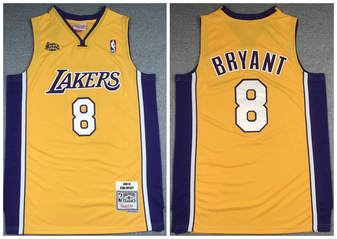 Men's Los Angeles Lakers #24 Kobe Bryant Gold NBA Final 2000-2001 Throwback Stitched Jersey