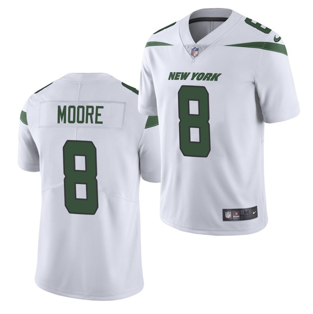 Men's New York Jets #8 Elijah Moore 2021 White NFL Vapor Untouchable Limited Stitched Jersey Men's New York Jets #8 Elijah Moore 2021 White NFL Vapor Untouchable Limited Stitched Jersey