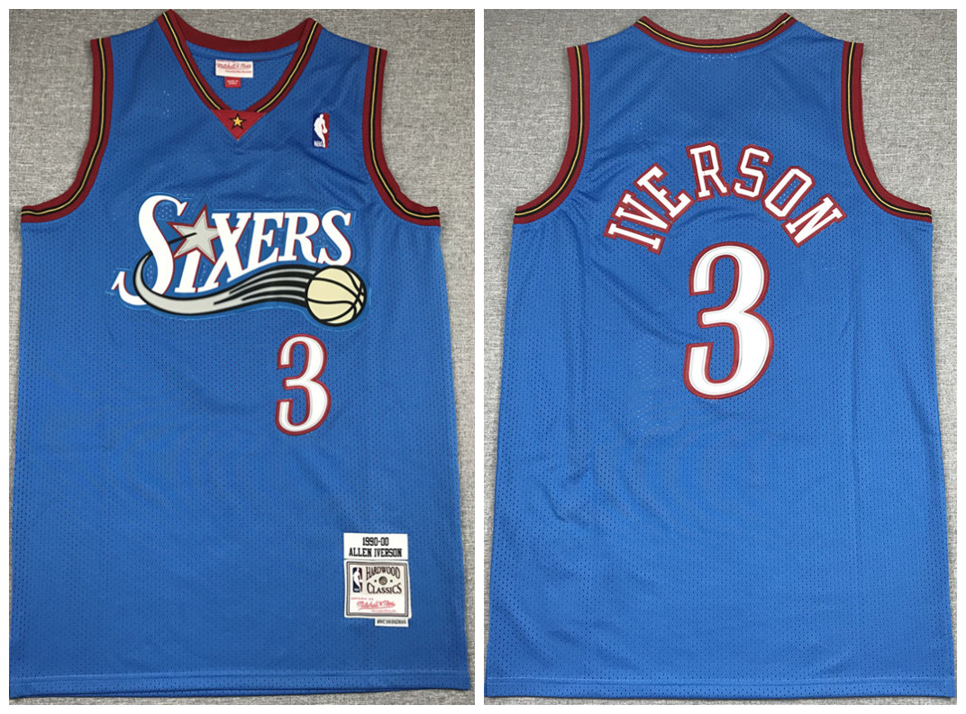 Men's Philadelphia 76ers #3 Allen Iverson Blue 1999-00 Throwback Stitched Jersey Men's Philadelphia 76ers #3 Allen Iverson Blue 1999-00 Throwback Stitched Jersey