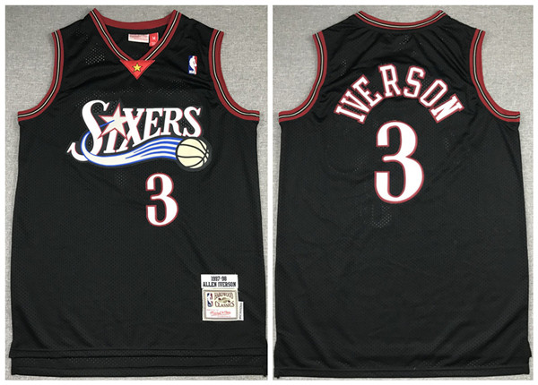 Men's Philadelphia 76ers #3 Allen Iverson 1997-98 Black NBA Throwback Stitched Jersey Men's Philadelphia 76ers #3 Allen Iverson 1997-98 Black NBA Throwback Stitched Jersey