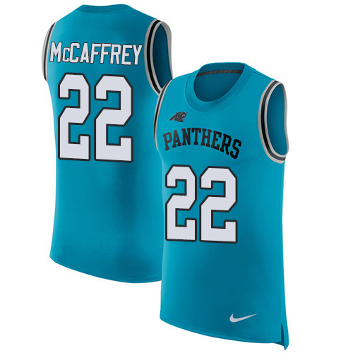 Nike Panthers #22 Christian McCaffrey Blue Alternate Men's Stitched NFL Limited Rush Tank Top Jersey Nike Panthers #22 Christian McCaffrey Blue Alternate Men's Stitched NFL Limited Rush Tank Top Jersey