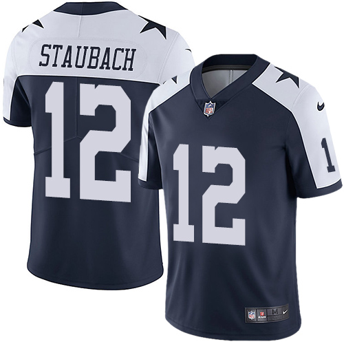 Nike Cowboys #12 Roger Staubach Navy Blue Thanksgiving Men's Stitched NFL Vapor Untouchable Limited Throwback Jersey Nike Cowboys #12 Roger Staubach Navy Blue Thanksgiving Men's Stitched NFL Vapor Untouchable Limited Throwback Jersey