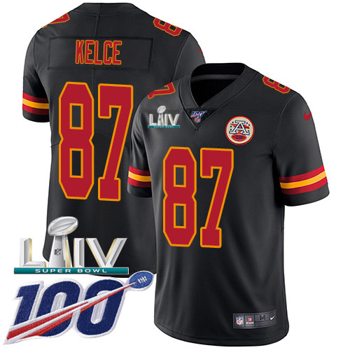 Nike Chiefs #87 Travis Kelce Black Super Bowl LIV 2020 Men's Stitched NFL Limited Rush 100th Season Jersey Nike Chiefs #87 Travis Kelce Black Super Bowl LIV 2020 Men's Stitched NFL Limited Rush 100th Season Jersey