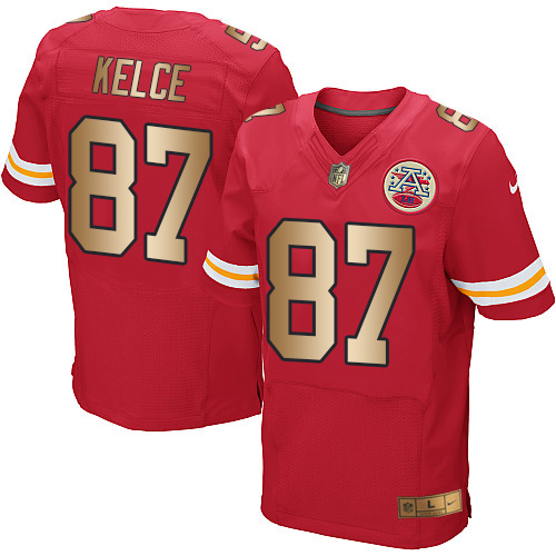 Nike Chiefs #87 Travis Kelce Red Team Color Men's Stitched NFL Elite Gold Jersey Nike Chiefs #87 Travis Kelce Red Team Color Men's Stitched NFL Elite Gold Jersey