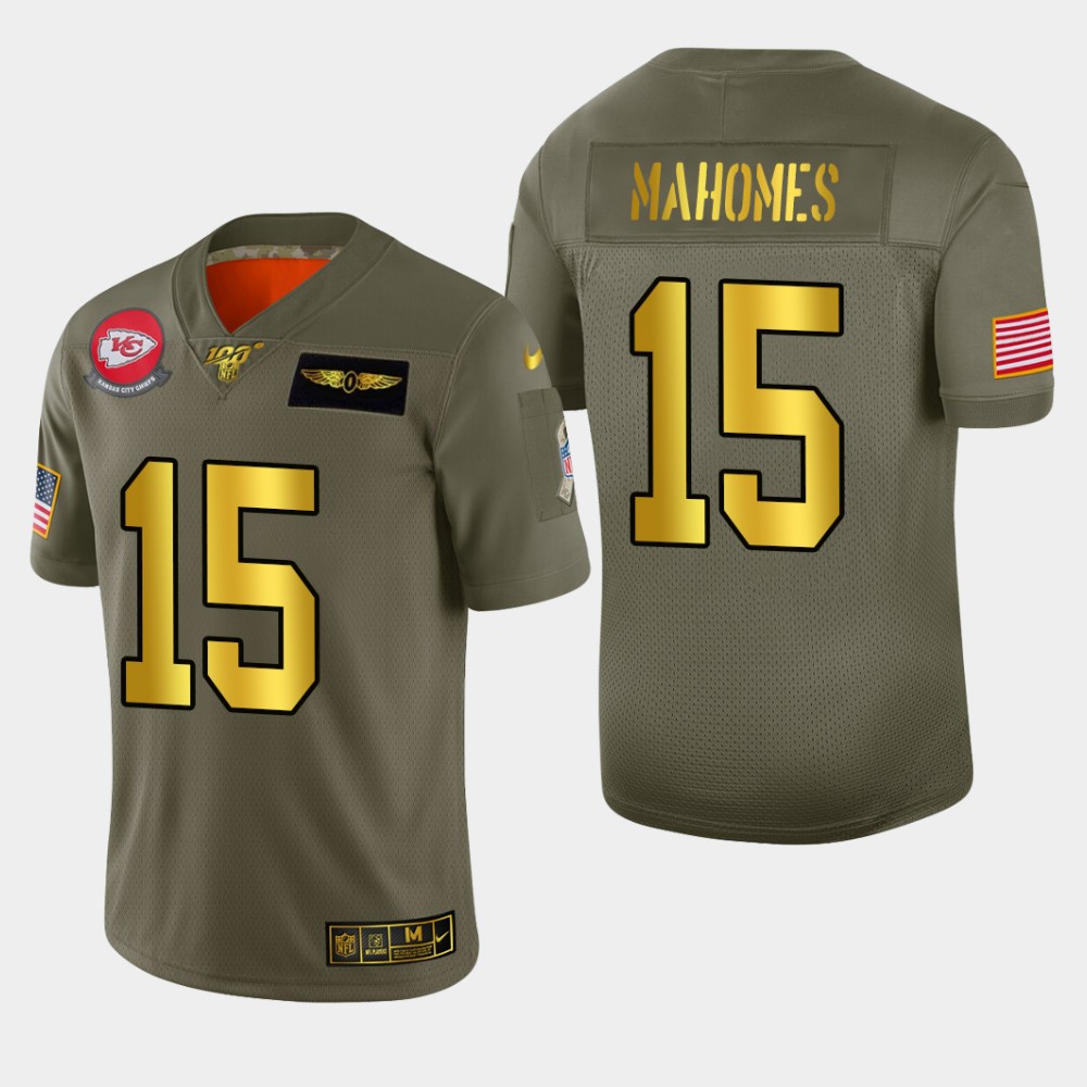 Kansas City Chiefs #15 Patrick Mahomes Men's Nike Olive Gold 2019 Salute to Service Limited NFL 100 Jersey Kansas City Chiefs #15 Patrick Mahomes Men's Nike Olive Gold 2019 Salute to Service Limited NFL 100 Jersey