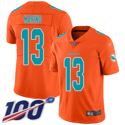 Nike Dolphins #13 Dan Marino Orange Men's Stitched NFL Limited Inverted Legend 100th Season Jersey Nike Dolphins #13 Dan Marino Orange Men's Stitched NFL Limited Inverted Legend 100th Season Jersey