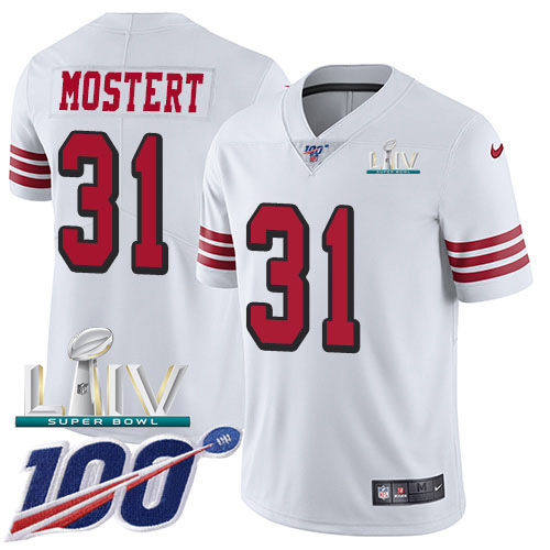 Nike 49ers #31 Raheem Mostert White Super Bowl LIV 2020 Men's Stitched NFL Limited Rush 100th Season Jersey Nike 49ers #31 Raheem Mostert White Super Bowl LIV 2020 Men's Stitched NFL Limited Rush 100th Season Jersey