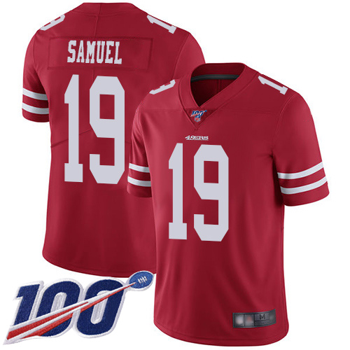 Nike 49ers #19 Deebo Samuel Red Team Color Men's Stitched NFL 100th Season Vapor Limited Jersey Nike 49ers #19 Deebo Samuel Red Team Color Men's Stitched NFL 100th Season Vapor Limited Jersey