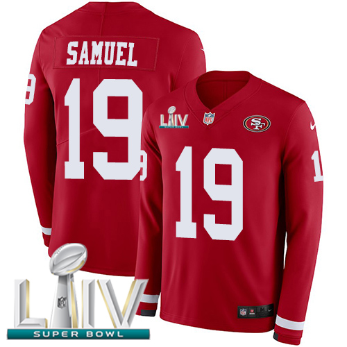 Nike 49ers #19 Deebo Samuel Red Super Bowl LIV 2020 Team Color Men's Stitched NFL Limited Therma Long Sleeve Jersey Nike 49ers #19 Deebo Samuel Red Super Bowl LIV 2020 Team Color Men's Stitched NFL Limited Therma Long Sleeve Jersey