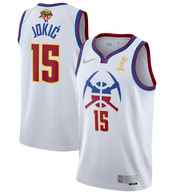 Men's Denver Nuggets #15 Nikola Jokic White 2023 Finals Champions Earned Edition Stitched Basketball Jersey Men's Denver Nuggets #15 Nikola Jokic White 2023 Finals Champions Earned Edition Stitched Basketball Jersey